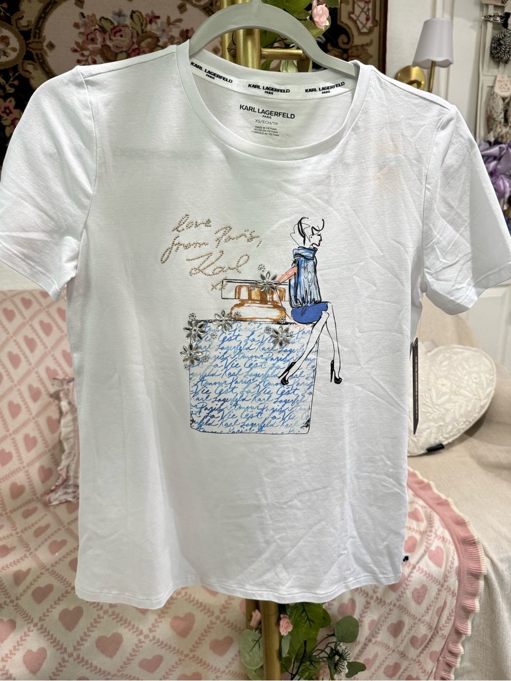 Karl Lagerfeld White Tee with Blue and Gold Illustration
